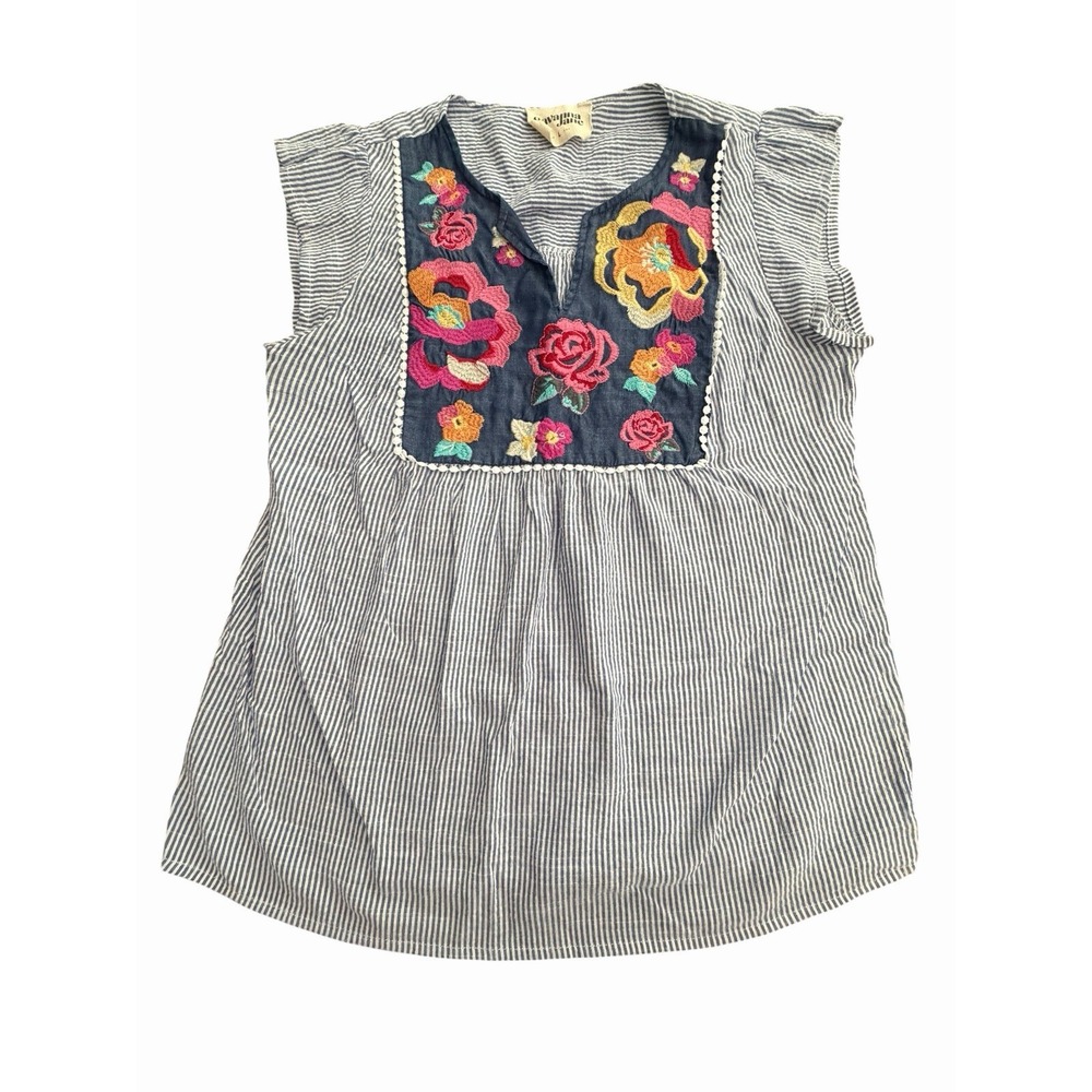 Savanna Jane Top Large Blue White Stripe Vibrant Floral Embroidery Boho #CC5-3